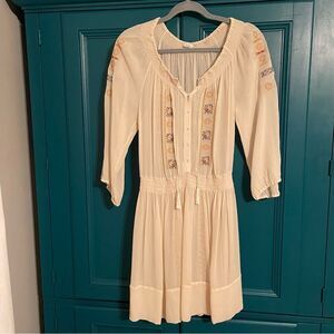Club Monaco Sheer Embroidered Boho Mini Dress Tunic Cream Peasant Cottagecore XS